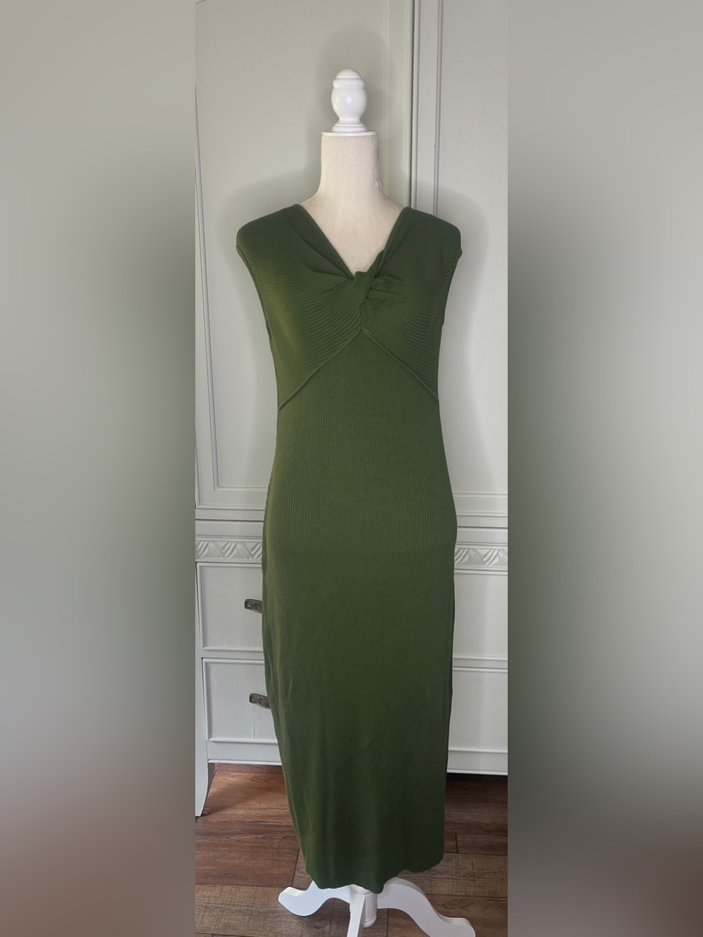 Vince Olive Green Twist-Front Midi Dress cap sleeve